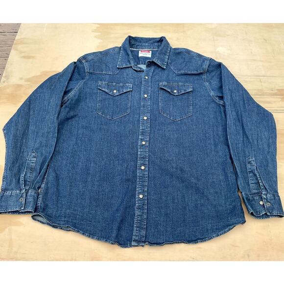 Wrangler Denim Shirt Men XL Blue Jean Pearl Snap Workwear Ranch Rodeo Adult XL - Picture 1 of 8